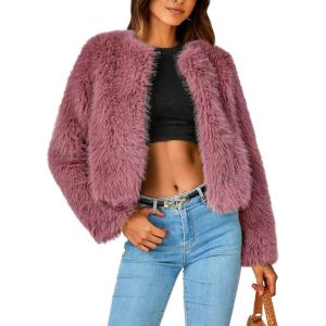 PRETTYGARDEN Women’s 2026 Winter Coats Fleece Cropped Jacket Faux Fur Long Sleeve Pockets Shaggy Warm Outerwear Fall Clothes(Bean Paste Red)