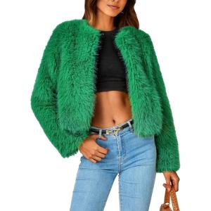 PRETTYGARDEN Women’s 2026 Winter Coats Fleece Cropped Jacket Faux Fur Long Sleeve Pockets Shaggy Warm Outerwear Fall Clothes(Green)