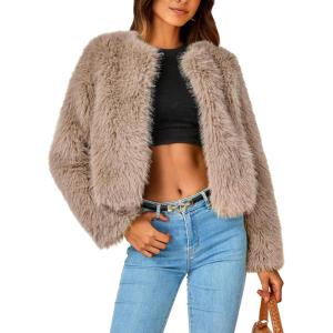 PRETTYGARDEN Women’s 2026 Winter Coats Fleece Cropped Jacket Faux Fur Long Sleeve Pockets Shaggy Warm Outerwear Fall Clothes(Khaki)