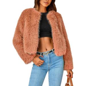 PRETTYGARDEN Women’s 2026 Winter Coats Fleece Cropped Jacket Faux Fur Long Sleeve Pockets Shaggy Warm Outerwear Fall Clothes(Orange)