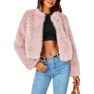 PRETTYGARDEN Women’s 2026 Winter Coats Fleece Cropped Jacket Faux Fur Long Sleeve Pockets Shaggy Warm Outerwear Fall Clothes(Pink)