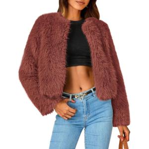 PRETTYGARDEN Women’s 2026 Winter Coats Fleece Cropped Jacket Faux Fur Long Sleeve Pockets Shaggy Warm Outerwear Fall Clothes(Rust Red)