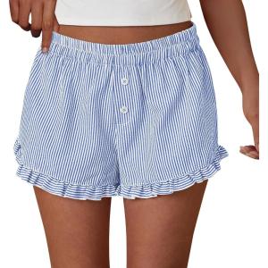PRETTYGARDEN Womens Boxer Shorts Y2K Ruffle Pajama 2026 Summer Spring Lounge Sleep Striped Casual Beach Pj Bottoms Pockets(Stripe Blue)