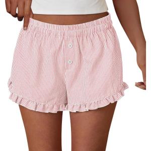 PRETTYGARDEN Womens Boxer Shorts Y2K Ruffle Pajama 2026 Summer Spring Lounge Sleep Striped Casual Beach Pj Bottoms Pockets(Stripe Light Pink)