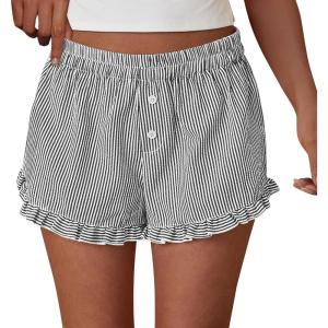 PRETTYGARDEN Womens Boxer Shorts Y2K Ruffle Pajama 2026 Summer Spring Lounge Sleep Striped Casual Beach Pj Bottoms Pockets(Striped Black White)