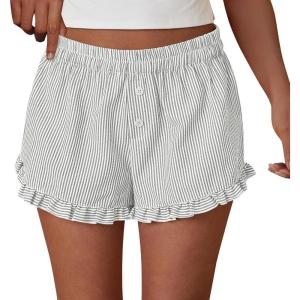 PRETTYGARDEN Womens Boxer Shorts Y2K Ruffle Pajama 2026 Summer Spring Lounge Sleep Striped Casual Beach Pj Bottoms Pockets(Striped Grey Blue)