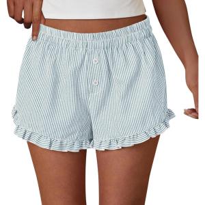 PRETTYGARDEN Womens Boxer Shorts Y2K Ruffle Pajama 2026 Summer Spring Lounge Sleep Striped Casual Beach Pj Bottoms Pockets(Striped Light Blue)