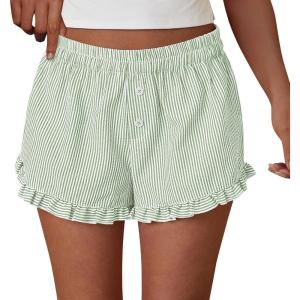 PRETTYGARDEN Womens Boxer Shorts Y2K Ruffle Pajama 2026 Summer Spring Lounge Sleep Striped Casual Beach Pj Bottoms Pockets(Striped Light Green)