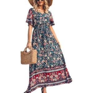 PRETTYGARDEN Women’s Casual Summer Boho Floral Print Dress V Neck Short Sleeve High Waist Long Maxi Beach Dresses(Black)