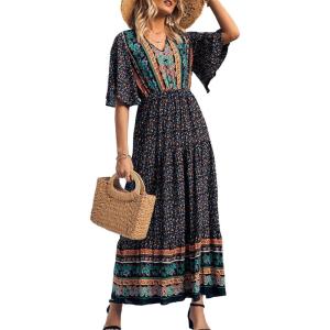 PRETTYGARDEN Women’s Casual Summer Boho Floral Print Dress V Neck Short Sleeve High Waist Long Maxi Beach Dresses(Black Floral)