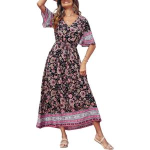 PRETTYGARDEN Women’s Casual Summer Boho Floral Print Dress V Neck Short Sleeve High Waist Long Maxi Beach Dresses(Black Pink Floral)