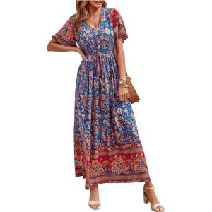 PRETTYGARDEN Women’s Casual Summer Boho Floral Print Dress V Neck Short Sleeve High Waist Long Maxi Beach Dresses(Blue)