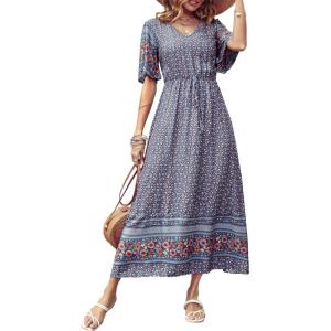PRETTYGARDEN Women’s Casual Summer Boho Floral Print Dress V Neck Short Sleeve High Waist Long Maxi Beach Dresses(Blue Grey Floral)