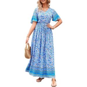 PRETTYGARDEN Women’s Casual Summer Boho Floral Print Dress V Neck Short Sleeve High Waist Long Maxi Beach Dresses(Blue Yellow Floral)