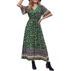 PRETTYGARDEN Women’s Casual Summer Boho Floral Print Dress V Neck Short Sleeve High Waist Long Maxi Beach Dresses(Dark Green Floral)