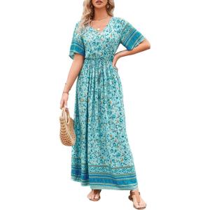 PRETTYGARDEN Women’s Casual Summer Boho Floral Print Dress V Neck Short Sleeve High Waist Long Maxi Beach Dresses(Green Yellow Floral)