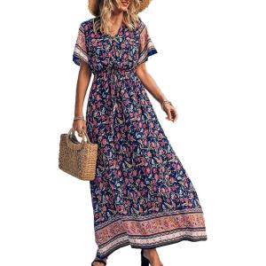 PRETTYGARDEN Women’s Casual Summer Boho Floral Print Dress V Neck Short Sleeve High Waist Long Maxi Beach Dresses(Navy)