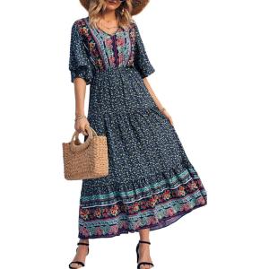PRETTYGARDEN Women’s Casual Summer Boho Floral Print Dress V Neck Short Sleeve High Waist Long Maxi Beach Dresses(Navy Floral)