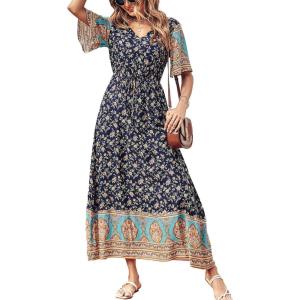 PRETTYGARDEN Women’s Casual Summer Boho Floral Print Dress V Neck Short Sleeve High Waist Long Maxi Beach Dresses(Navy Yellow Floral)