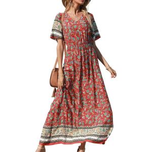 PRETTYGARDEN Women’s Casual Summer Boho Floral Print Dress V Neck Short Sleeve High Waist Long Maxi Beach Dresses(Red)