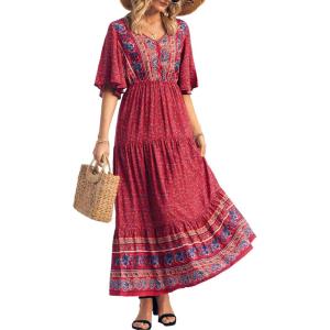 PRETTYGARDEN Women’s Casual Summer Boho Floral Print Dress V Neck Short Sleeve High Waist Long Maxi Beach Dresses(Red Floral)