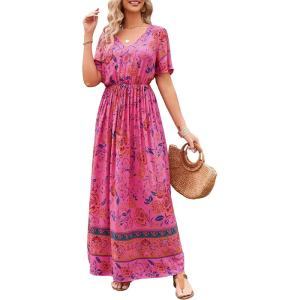 PRETTYGARDEN Women’s Casual Summer Boho Floral Print Dress V Neck Short Sleeve High Waist Long Maxi Beach Dresses(Rose Red Floral)