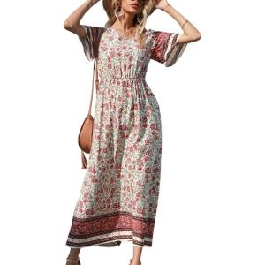 PRETTYGARDEN Women’s Casual Summer Boho Floral Print Dress V Neck Short Sleeve High Waist Long Maxi Beach Dresses(White)