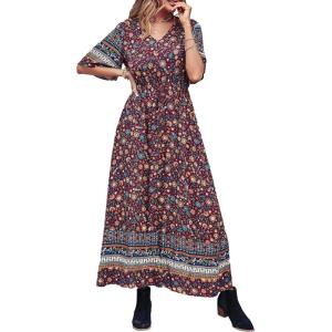 PRETTYGARDEN Women’s Casual Summer Boho Floral Print Dress V Neck Short Sleeve High Waist Long Maxi Beach Dresses(Wine Red Floral)