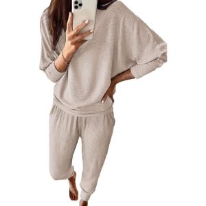 PRETTYGARDEN Women’s Fall 2 Piece Lounge Set Long Sleeve Tops Ribbed Pants Spring Matching Sweatsuit Travel Outfits Clothes(Apricot)