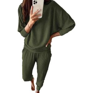 PRETTYGARDEN Women’s Fall 2 Piece Lounge Set Long Sleeve Tops Ribbed Pants Spring Matching Sweatsuit Travel Outfits Clothes(Army Green)