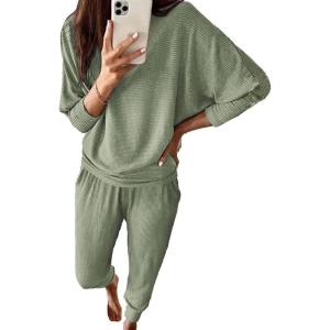 PRETTYGARDEN Women’s Fall 2 Piece Lounge Set Long Sleeve Tops Ribbed Pants Spring Matching Sweatsuit Travel Outfits Clothes(Bean Green)
