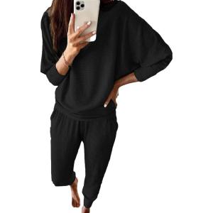 PRETTYGARDEN Women’s Fall 2 Piece Lounge Set Long Sleeve Tops Ribbed Pants Spring Matching Sweatsuit Travel Outfits Clothes(Black)