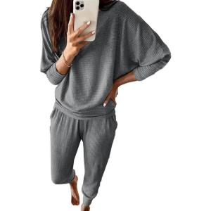 PRETTYGARDEN Women’s Fall 2 Piece Lounge Set Long Sleeve Tops Ribbed Pants Spring Matching Sweatsuit Travel Outfits Clothes(Dark Grey)