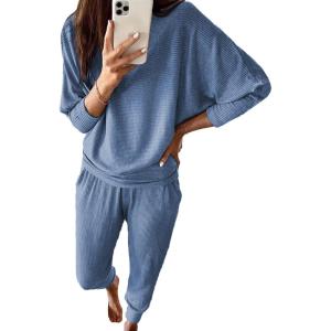 PRETTYGARDEN Women’s Fall 2 Piece Lounge Set Long Sleeve Tops Ribbed Pants Spring Matching Sweatsuit Travel Outfits Clothes(Light Blue)