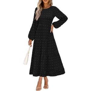 PRETTYGARDEN Women’s Fall Spring Elegant Long Sleeve Maxi Dress Swiss Dot A Line Flowy Casual Holiday Party Going Out Dresses(Black)