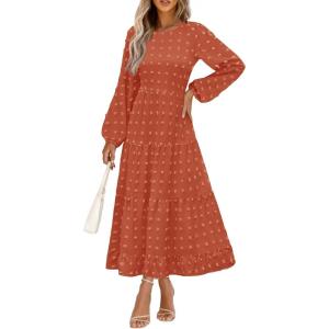 PRETTYGARDEN Women’s Fall Spring Elegant Long Sleeve Maxi Dress Swiss Dot A Line Flowy Casual Holiday Party Going Out Dresses(Brick Red)