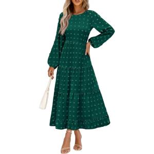 PRETTYGARDEN Women’s Fall Spring Elegant Long Sleeve Maxi Dress Swiss Dot A Line Flowy Casual Holiday Party Going Out Dresses(Dark Green)