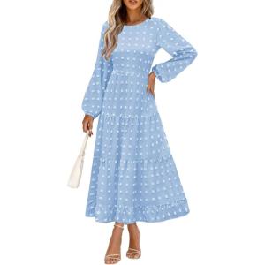 PRETTYGARDEN Women’s Fall Spring Elegant Long Sleeve Maxi Dress Swiss Dot A Line Flowy Casual Holiday Party Going Out Dresses(Light Blue)