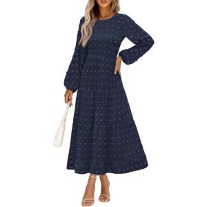 PRETTYGARDEN Women’s Fall Spring Elegant Long Sleeve Maxi Dress Swiss Dot A Line Flowy Casual Holiday Party Going Out Dresses(Navy)