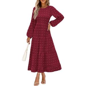 PRETTYGARDEN Women’s Fall Spring Elegant Long Sleeve Maxi Dress Swiss Dot A Line Flowy Casual Holiday Party Going Out Dresses(Wine Red)