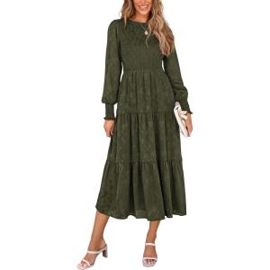 PRETTYGARDEN Women’s Fall Spring Midi Dress Long Sleeve Floral Smocked Elegant Wedding Guest Long Flowy Dresses with Pockets(Army Green)
