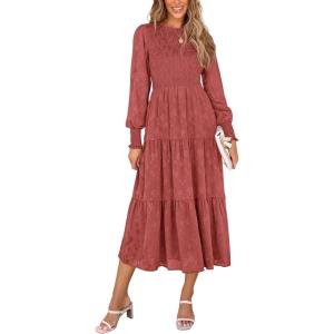 PRETTYGARDEN Women’s Fall Spring Midi Dress Long Sleeve Floral Smocked Elegant Wedding Guest Long Flowy Dresses with Pockets(Bean Paste Red)