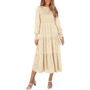 PRETTYGARDEN Women’s Fall Spring Midi Dress Long Sleeve Floral Smocked Elegant Wedding Guest Long Flowy Dresses with Pockets(Beige)