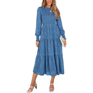 PRETTYGARDEN Women’s Fall Spring Midi Dress Long Sleeve Floral Smocked Elegant Wedding Guest Long Flowy Dresses with Pockets(Blue)