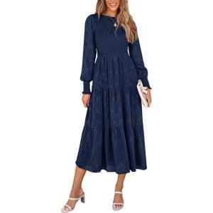 PRETTYGARDEN Women’s Fall Spring Midi Dress Long Sleeve Floral Smocked Elegant Wedding Guest Long Flowy Dresses with Pockets(Dark Blue)