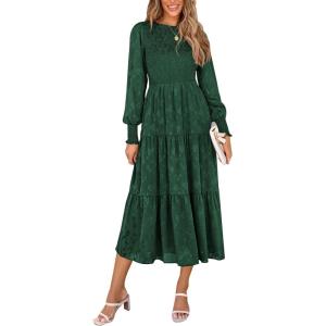 PRETTYGARDEN Women’s Fall Spring Midi Dress Long Sleeve Floral Smocked Elegant Wedding Guest Long Flowy Dresses with Pockets(Dark Green)