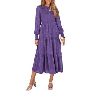 PRETTYGARDEN Women’s Fall Spring Midi Dress Long Sleeve Floral Smocked Elegant Wedding Guest Long Flowy Dresses with Pockets(Dark Purple)