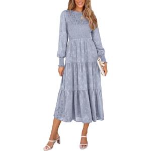 PRETTYGARDEN Women’s Fall Spring Midi Dress Long Sleeve Floral Smocked Elegant Wedding Guest Long Flowy Dresses with Pockets(Grey Blue)