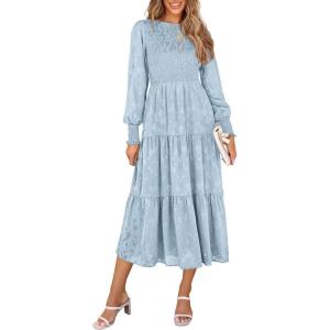 PRETTYGARDEN Women’s Fall Spring Midi Dress Long Sleeve Floral Smocked Elegant Wedding Guest Long Flowy Dresses with Pockets(Light Blue)