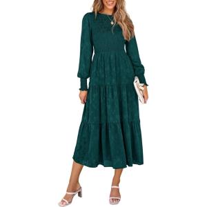 PRETTYGARDEN Women’s Fall Spring Midi Dress Long Sleeve Floral Smocked Elegant Wedding Guest Long Flowy Dresses with Pockets(Malachite Green)